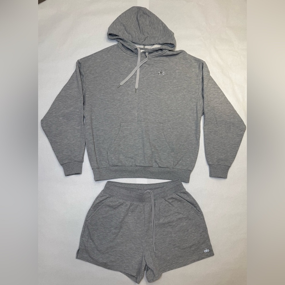 ALO Yoga Gray Hoodie Sweatshirt and Shorts Set